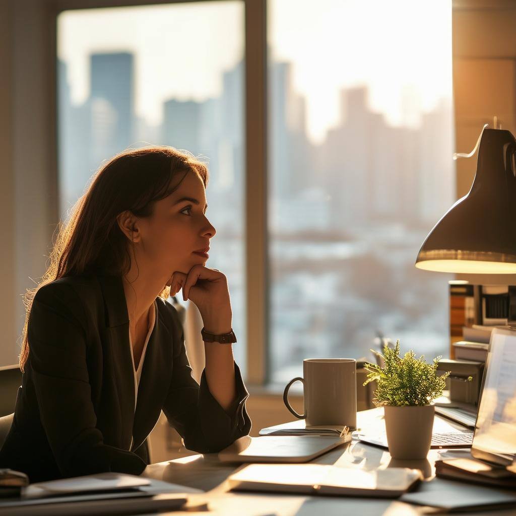 The image features a professional woman sitting at a modern desk in a welllit office space